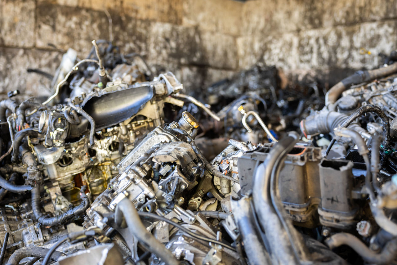 Pile of automotive scrap metal, including car engines and parts, at a Stars & Stripes Scrap Metal yard