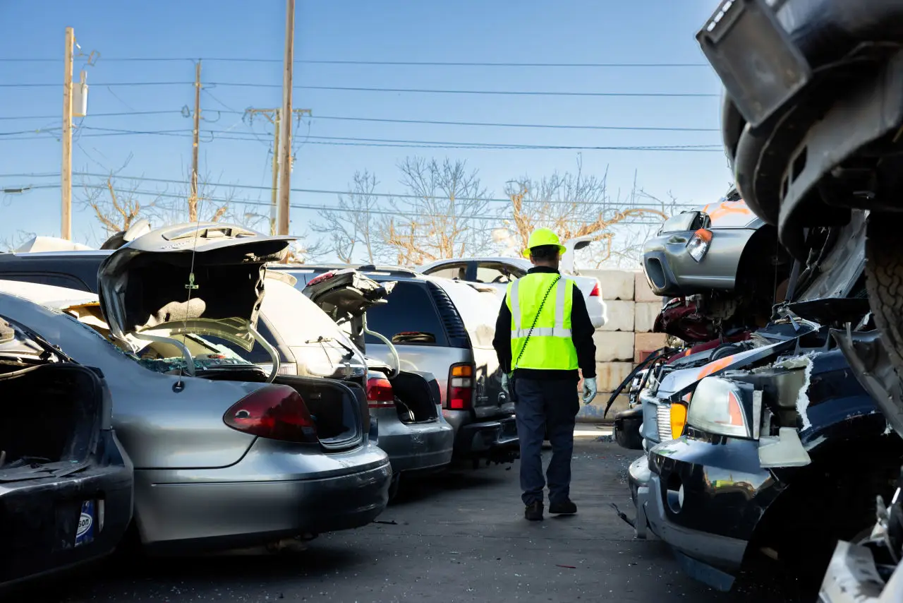 Stars & Stripes Scrap Metal yard worker in a safety vest walking between rows of junk cars brought in for scrap